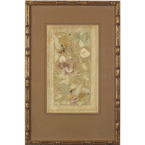 636 - Birds of paradise amongst flowers, Chinese embroidered panel, mounted, framed and glazed, 34cm x 20c... 