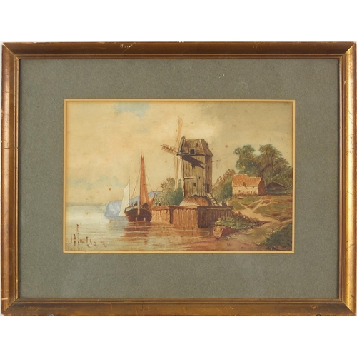 553 - Windmill beside a lake with moored boat, 19th century watercolour, indistinctly monogrammed, possibl... 