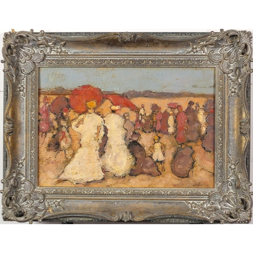 238 - Figures on a beach, French school oil on board, mounted and framed, 36.5cm x 25.5cm excluding the mo... 