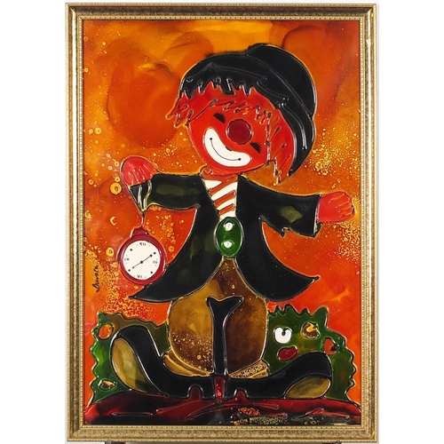 593 - Clowns holding pocket watches, pair of mixed medias, each indistinctly signed, framed, each 49cm x 3... 