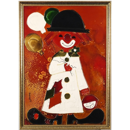 593 - Clowns holding pocket watches, pair of mixed medias, each indistinctly signed, framed, each 49cm x 3... 