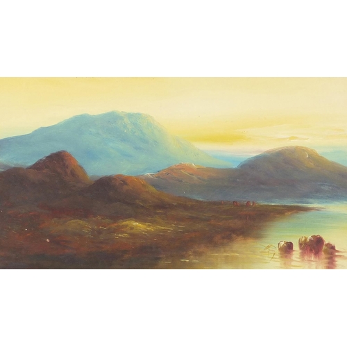 614 - Scottish Highland landscapes with cattle, pair of oils, mounted, framed and glazed, each 45cm x 25cm... 