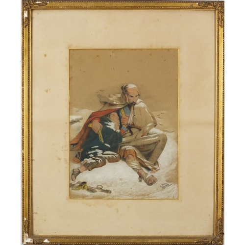 633 - L Baker 1877 - Two seated figures in a snowy landscape, mixed media, mounted, framed and glazed, 36.... 