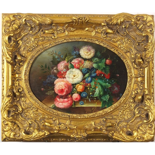 332 - Still life flowers, oval Old Master Style oil on board, housed in an ornate gilt frame, 39cm x 29cm ... 