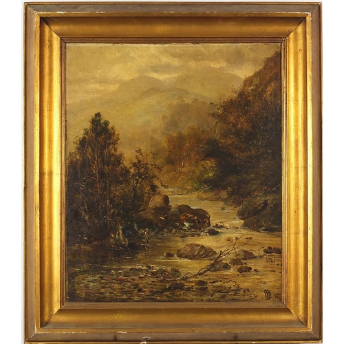 350 - River landscape with figure fishing, 19th century oil on canvas, indistinctly monogrammed, Jordan & ... 