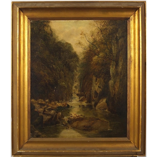 351 - River landscape with waterfall, 19th century oil on canvas, mounted and framed, 60cm x 49.5cm exclud... 