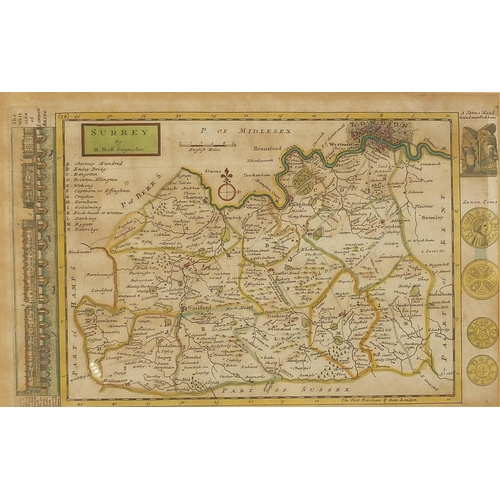 1477 - Two antique hand coloured maps of Somerset and Surrey by H Moll, mounted, framed and glazed, the lar... 