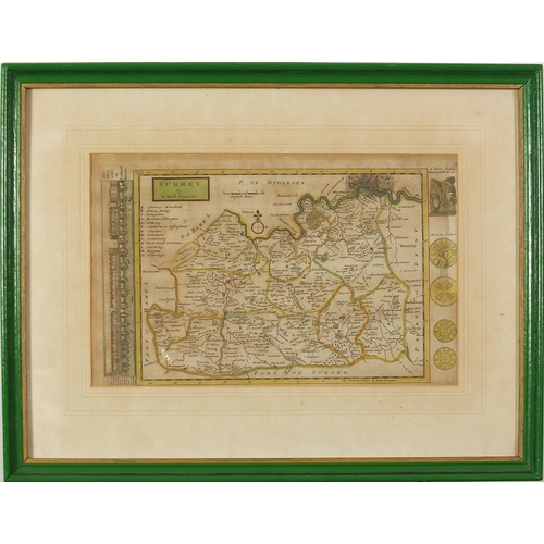 1477 - Two antique hand coloured maps of Somerset and Surrey by H Moll, mounted, framed and glazed, the lar... 