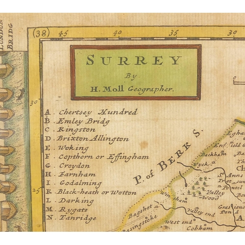 1477 - Two antique hand coloured maps of Somerset and Surrey by H Moll, mounted, framed and glazed, the lar... 