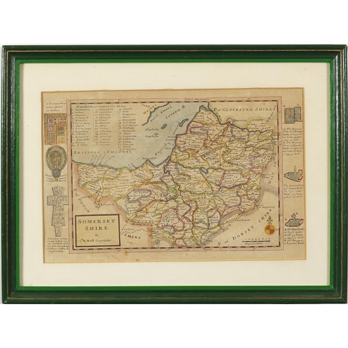 1477 - Two antique hand coloured maps of Somerset and Surrey by H Moll, mounted, framed and glazed, the lar... 