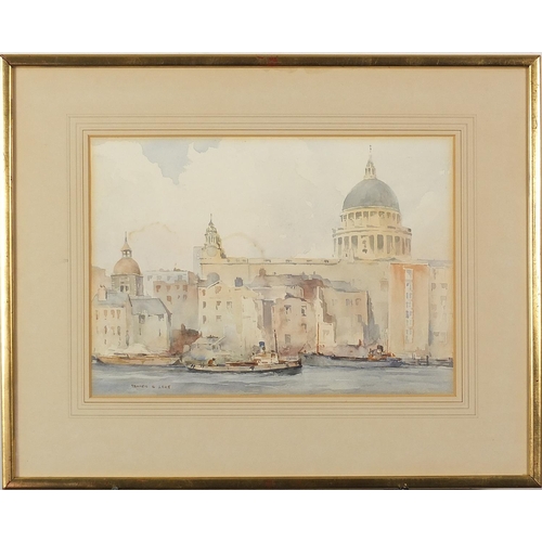 595 - Francis S Leke - Barges on the River Thames before St Paul's cathedral, watercolour, mounted, framed... 