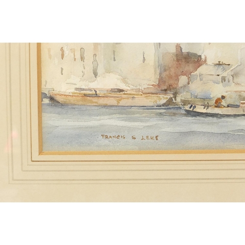 595 - Francis S Leke - Barges on the River Thames before St Paul's cathedral, watercolour, mounted, framed... 