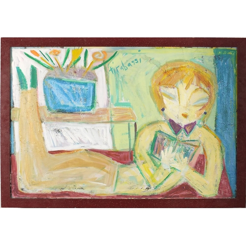 1124 - Female reading a book in an interior, Chicago school surreal oil on canvas, framed, 90cm x 60cm excl... 