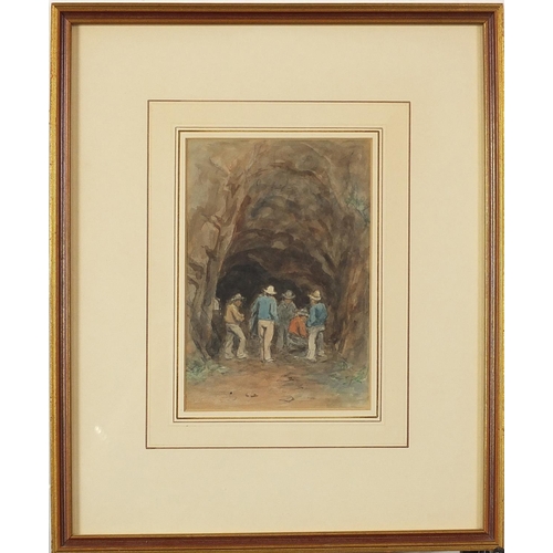 450 - Figures in a cave, watercolour, mounted, framed and glazed, 18cm x 12cm excluding the mount and fram... 