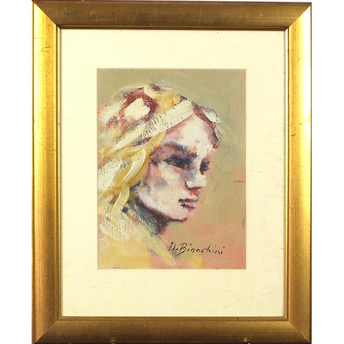 416 - Umberto Bianchini - Portrait of a female, mixed media, label verso, mounted, framed and glazed, 23cm... 