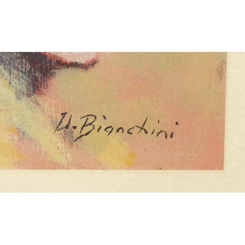 416 - Umberto Bianchini - Portrait of a female, mixed media, label verso, mounted, framed and glazed, 23cm... 