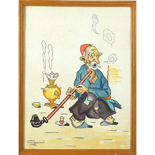 1271 - P David - Figure with a donkey and figure smoking, pair of Iranian watercolours each inscribed Studi... 