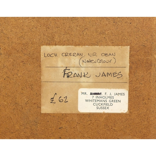 1270 - Frank James '82 - Loch Creran, Oban, Scottish watercolour, signed F J James, details verso, mounted,... 