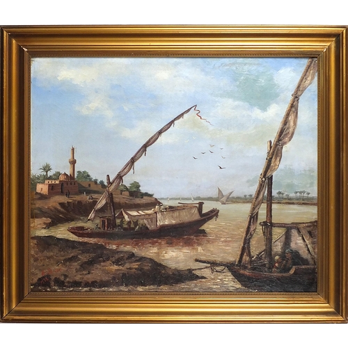 706 - Boats on a canal before buildings, Orientalist oil on canvas, mounted and framed, 60cm x 50cm exclud... 