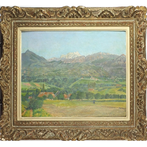 333 - Continental mountainous landscape with villas, oil on board, mounted and framed, 64cm x 45cm excludi... 