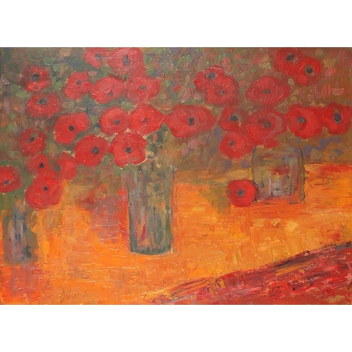 704 - Still life poppies in vases, oil on board, label verso, framed, 59cm x 44cm excluding the frame