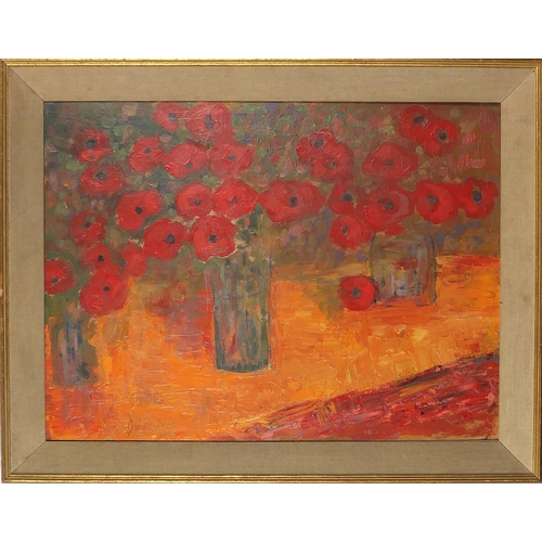 704 - Still life poppies in vases, oil on board, label verso, framed, 59cm x 44cm excluding the frame