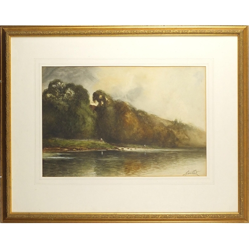 522 - Norris Fowler Willatt - River landscape with figures fishing, watercolour, mounted, framed and glaze... 