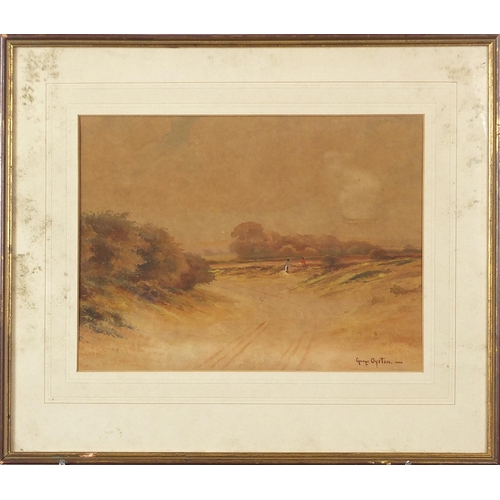 732 - George Oyston - Rural landscape with two figures, early 20th century watercolour, titled 'Waiting fo... 