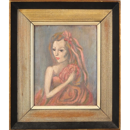 135 - Top half portrait of a female holding a fan, oil on board, mounted and framed, 23.5cm x 18.5cm exclu... 