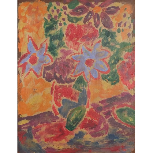 137 - Abstract composition, still life flowers in a vase, oil on board, framed, 34cm x 26.5cm excluding th... 