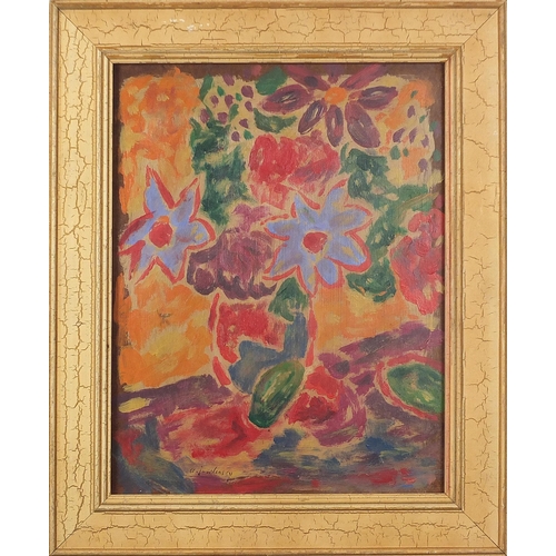 137 - Abstract composition, still life flowers in a vase, oil on board, framed, 34cm x 26.5cm excluding th... 