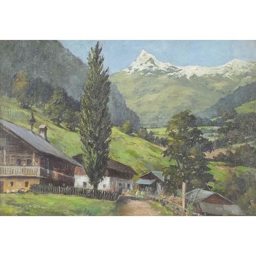 924A - D Rountree - Swiss mountainous landscape with chalets, oil on board, framed and glazed, 39cm x 26cm