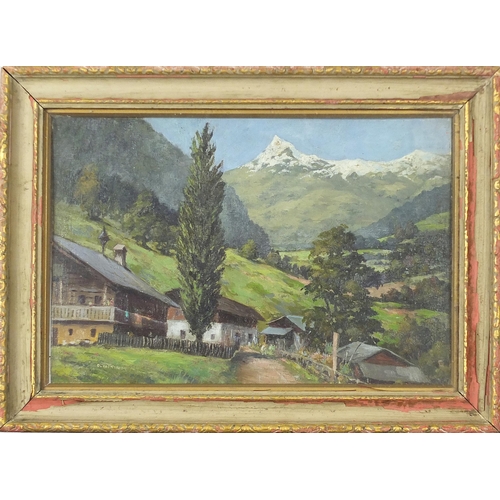 924A - D Rountree - Swiss mountainous landscape with chalets, oil on board, framed and glazed, 39cm x 26cm