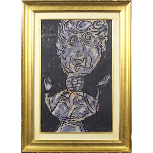 334 - After Edith Boissonnas - Portrait of a figure, surreal oil on board, mounted and framed, 44cm x 27cm... 