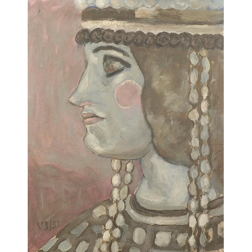 79 - Profile portrait of a female wearing costume, oil on board, mounted, framed and glazed, 49.5cm x 39.... 