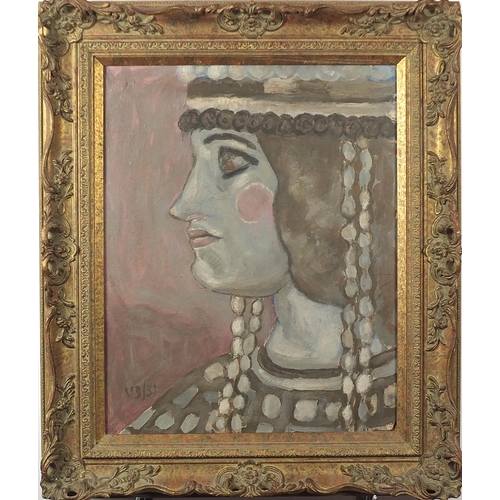 79 - Profile portrait of a female wearing costume, oil on board, mounted, framed and glazed, 49.5cm x 39.... 