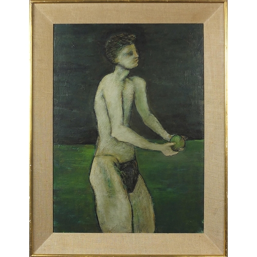 419 - Three quarter length portrait of a boy holding an apple, surreal oil on board, framed, bearing a lab... 