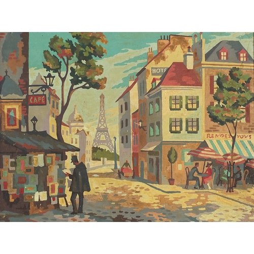 1222 - Parisian street scene with figures before the Eiffel Tower, oil on board, framed, 39cm x 29cm exclud... 