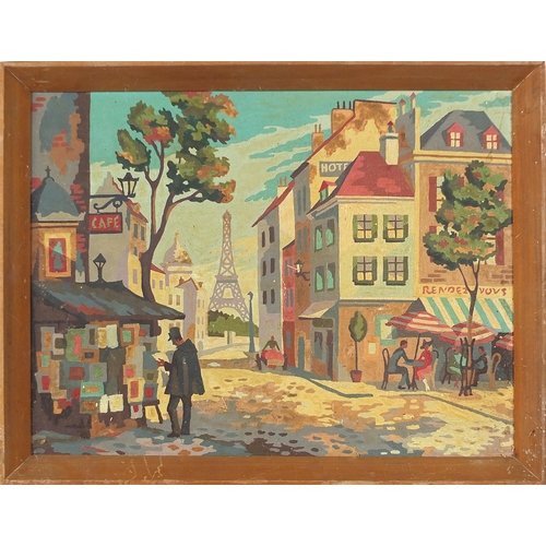 1222 - Parisian street scene with figures before the Eiffel Tower, oil on board, framed, 39cm x 29cm exclud... 