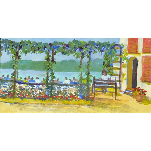 1269 - Barbara Wyllie - Lunch in a taverna and Sailing near Chichester, two acrylic on boards, each with de... 