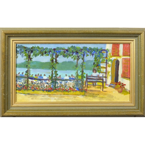 1269 - Barbara Wyllie - Lunch in a taverna and Sailing near Chichester, two acrylic on boards, each with de... 