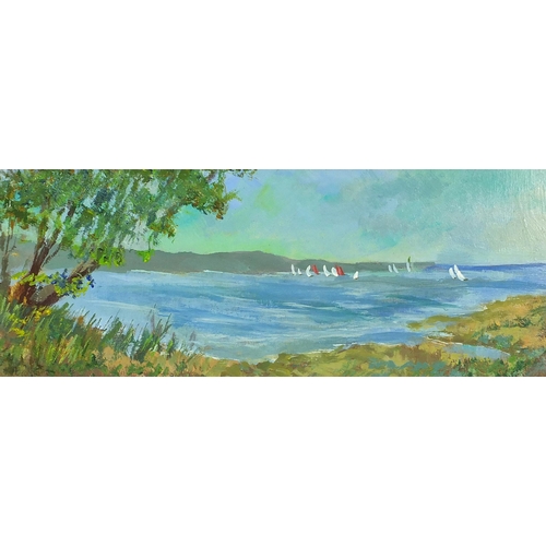 1269 - Barbara Wyllie - Lunch in a taverna and Sailing near Chichester, two acrylic on boards, each with de... 