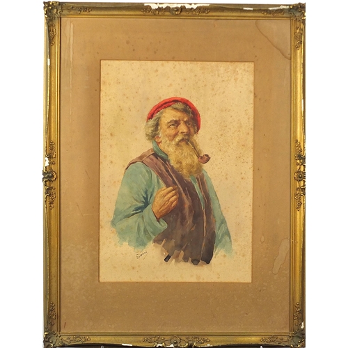 239 - Gianni - Portrait of a gentleman smoking a pipe, Italian watercolour on card, mounted and framed, 44... 