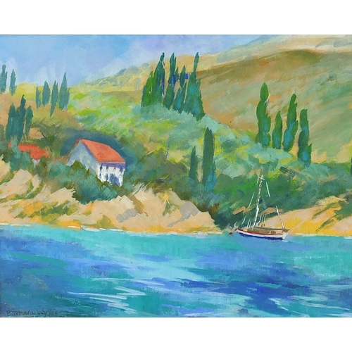 1225 - Barbara Wyllie - Romney Marsh, Kokanee Salmon, Canada and Private Mooring, Greece, three acrylic/oil... 