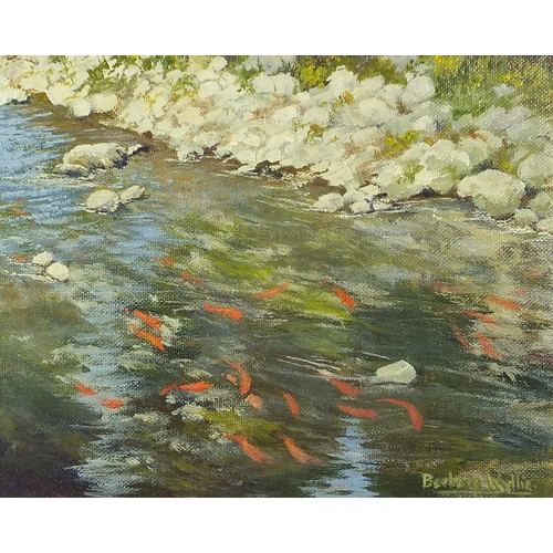 1225 - Barbara Wyllie - Romney Marsh, Kokanee Salmon, Canada and Private Mooring, Greece, three acrylic/oil... 