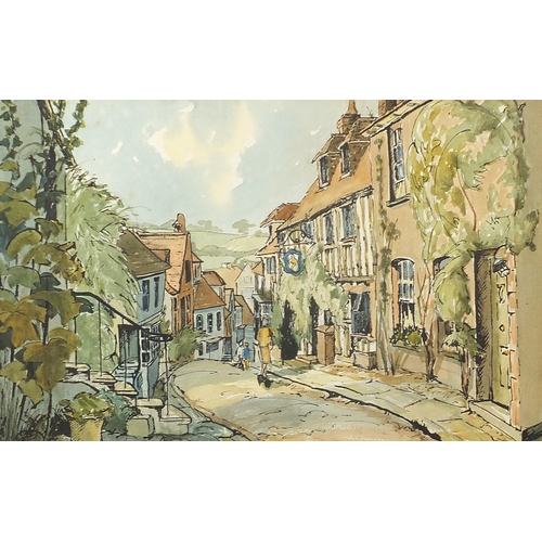 1295 - Barbara Wyllie - Mermaid Street, Rye, Sussex, local interest ink and watercolour, details verso, mou... 