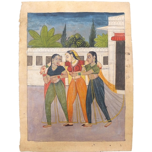 660 - Queen with friends on a palace terrace, Indian Delhi Mugal school watercolour on paper, unframed, 29... 