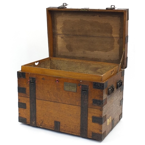 795 - Victorian Boer War interest iron bound trunk with twin cast iron carry handles to each end, the plaq... 