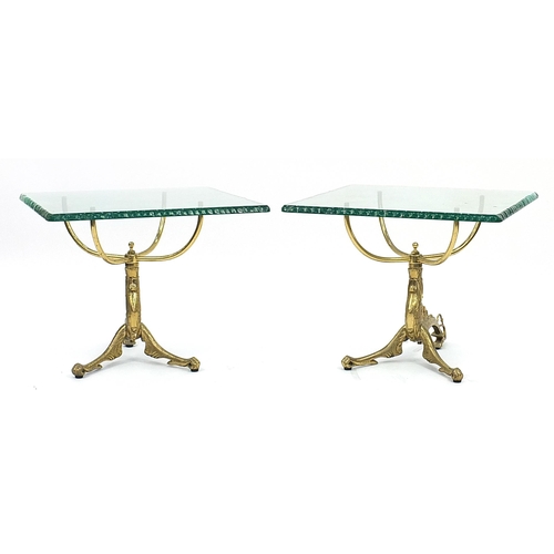 877 - Pair of Hollywood Regency style gilt brass dragon side tables with glass tops, 49cm H x 60cm W x 60c... 