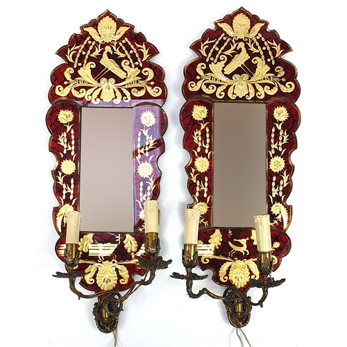 271 - Pair of 19th century Venetian glass and gilt metal two branch mirrored wall sconces gilded with flow... 